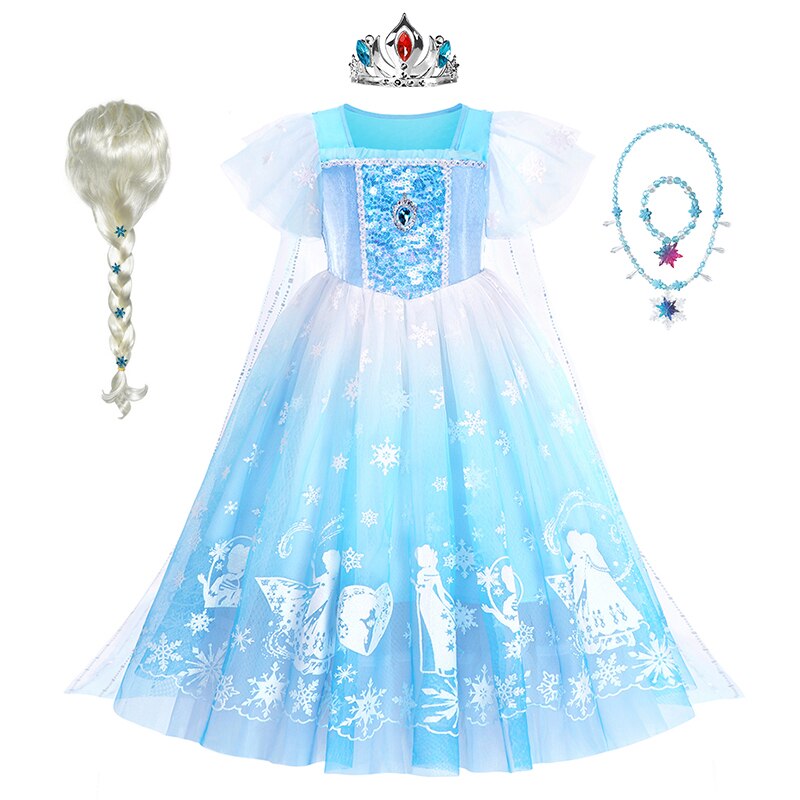 Disney Girls Sequins Mesh Fancy Clothing Frozen Princess Elsa Dress with Cloak Kids Party Snow Queen Cosplay Costume for 2-10Y