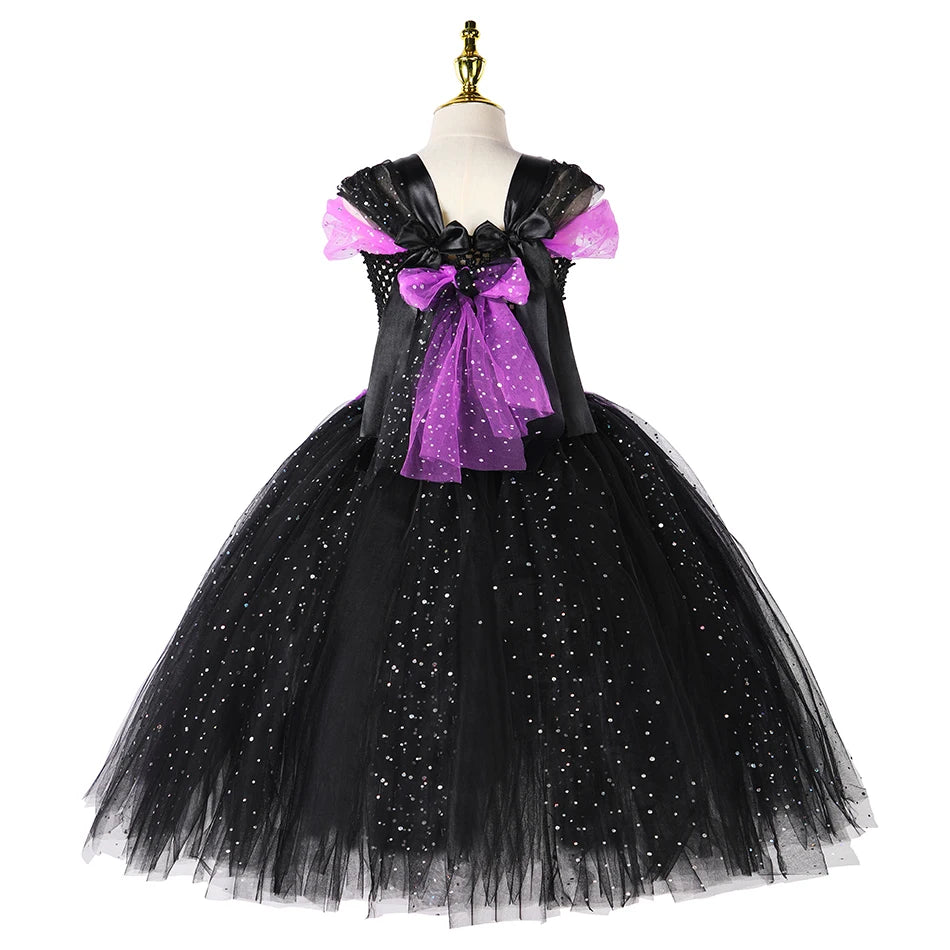 2024 Girl Evil Queen Cosplay Costume Kids Halloween Witch Dress Handmade Knitted Tulle Tutu Ruffles Floor Length Princess Outfit