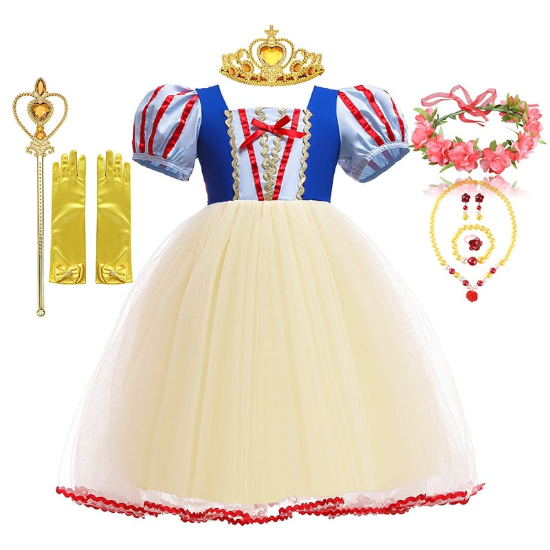 Disney Princess Snow White Dress for Girl Costume Kids Cosplay Puff Sleeves Mesh Ball Gown Clothes Children Party Birthday Dress