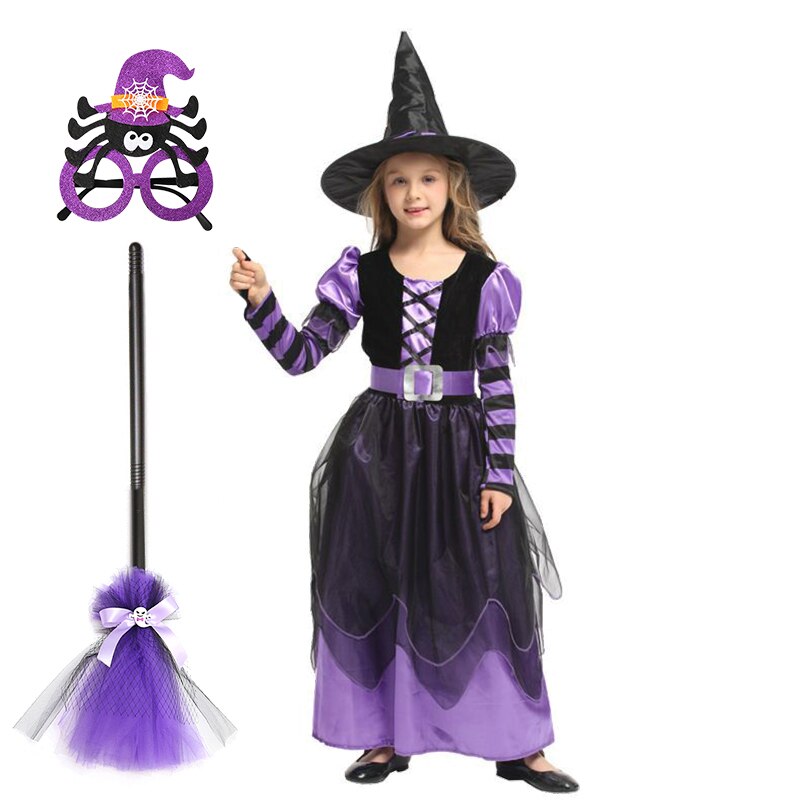 Girls Halloween Cosplay Witch Dress+Hat+belt Clothing Set