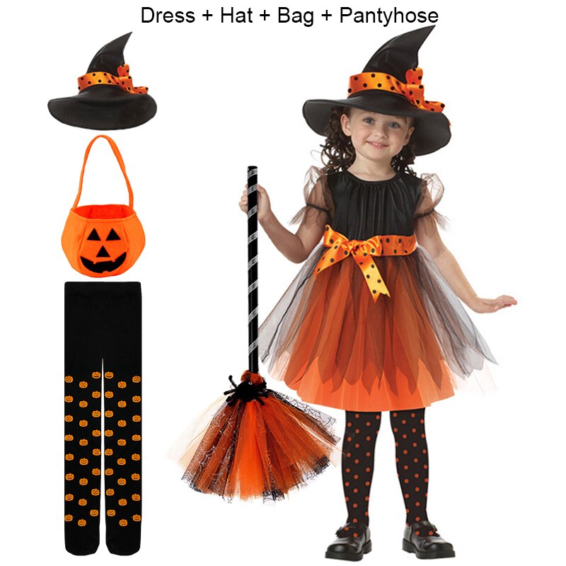 Children Girls Halloween Cosplay Witch Costume Teens Baby Girl Gown Infant Witch Dress Clothing Set Hat Pumpkin Bag