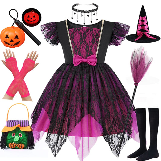 2-10Y Girls Halloween Witch Vampire Tutu Dress Kids Tutu Trailing Costume Dress Kids Carnival Cosplay Party Outfit Mesh Clothing