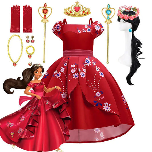 Disney Elena Princess Costume for Girl Fancy Anime Role Play Clothes Halloween Carnival Cosplay Outfit Kid Red Ruffle Long Dress