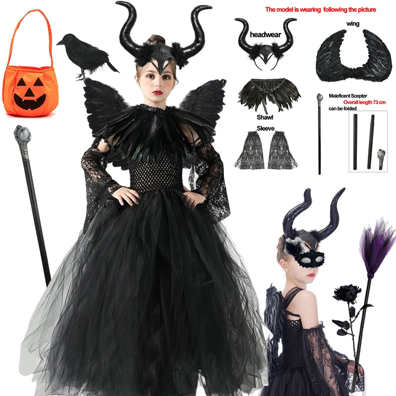 Girls Halloween Cosplay Costume Maleficent Tutu Wednesday Dresses For Girls Cosplay Evil Queen Black Mesh Princess Dress Vestido