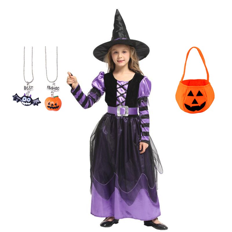 Girls Halloween Cosplay Witch Dress+Hat+belt Clothing Set