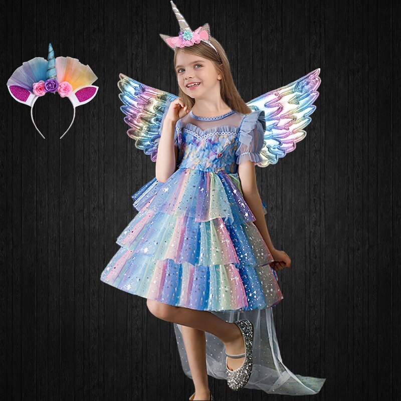 Halloween Fancy Girls Rainbow Shiny Tulle Unicorn Dress + Long Cloak