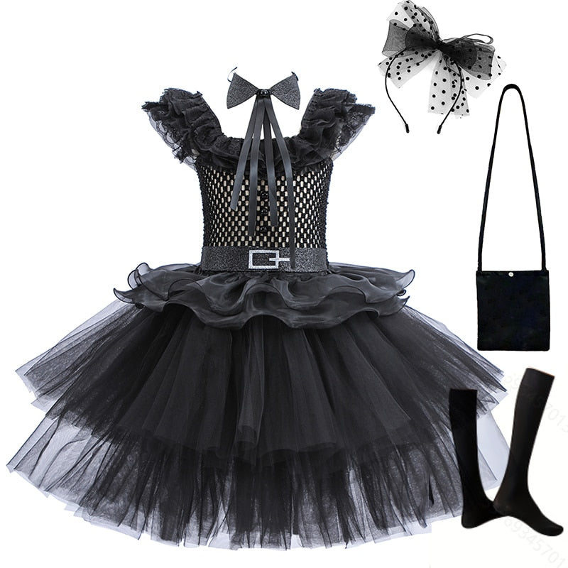 Wednesday Cosplay Princess Dress For Girls Costume 2023 Halloween Tie Tulle TuTu Dresses Black Gothic Kids Evening Party Clothes