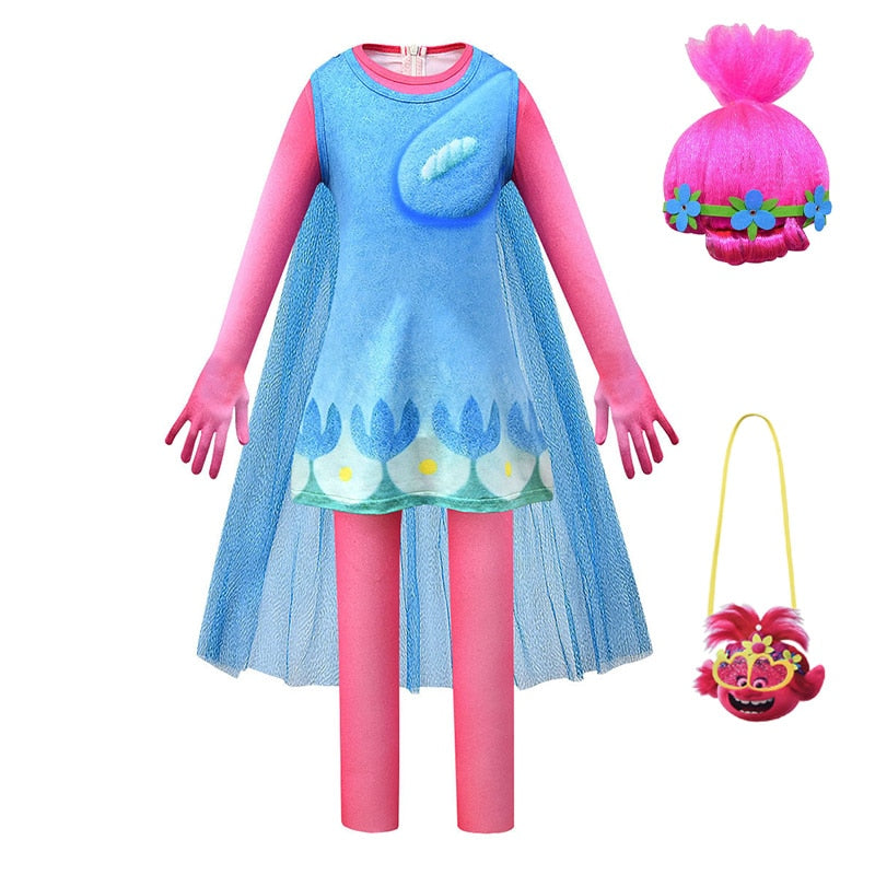 Poppy Trolls Cosplay Costume  with bag and hair for Girls