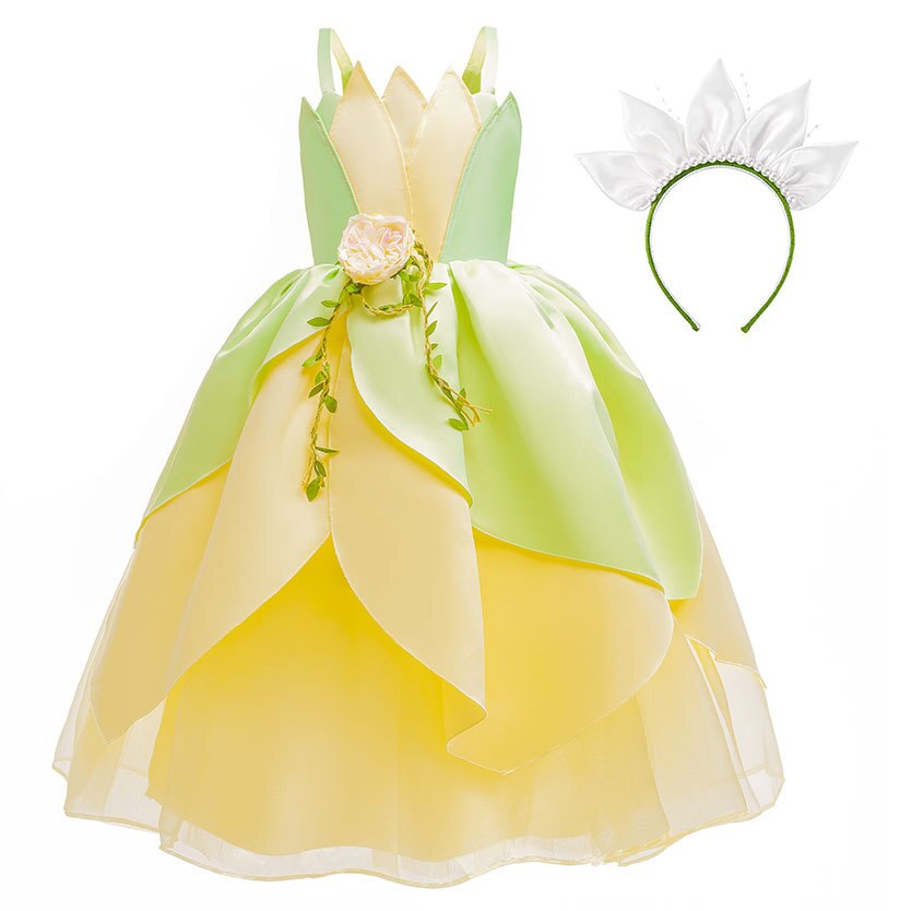 Disney Tiana Princess Dresses Girl Cosplay The Princess And The Frog Flower Off Shoulder Clothes for Kids Birthday Party Costume