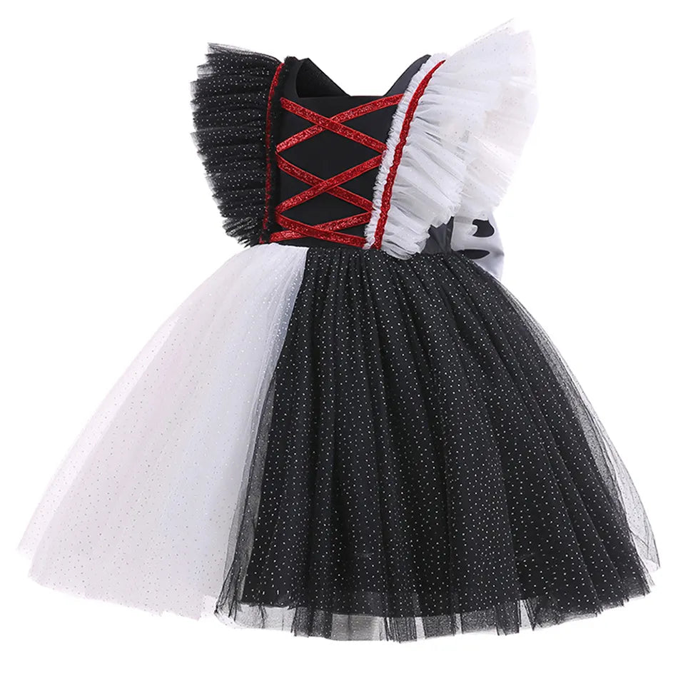 Halloween Movie Evil Cruella Girls Costume Kids Cosplay Cruella Masquerade Party Black White TuTu Dress Headwear Carnival Party