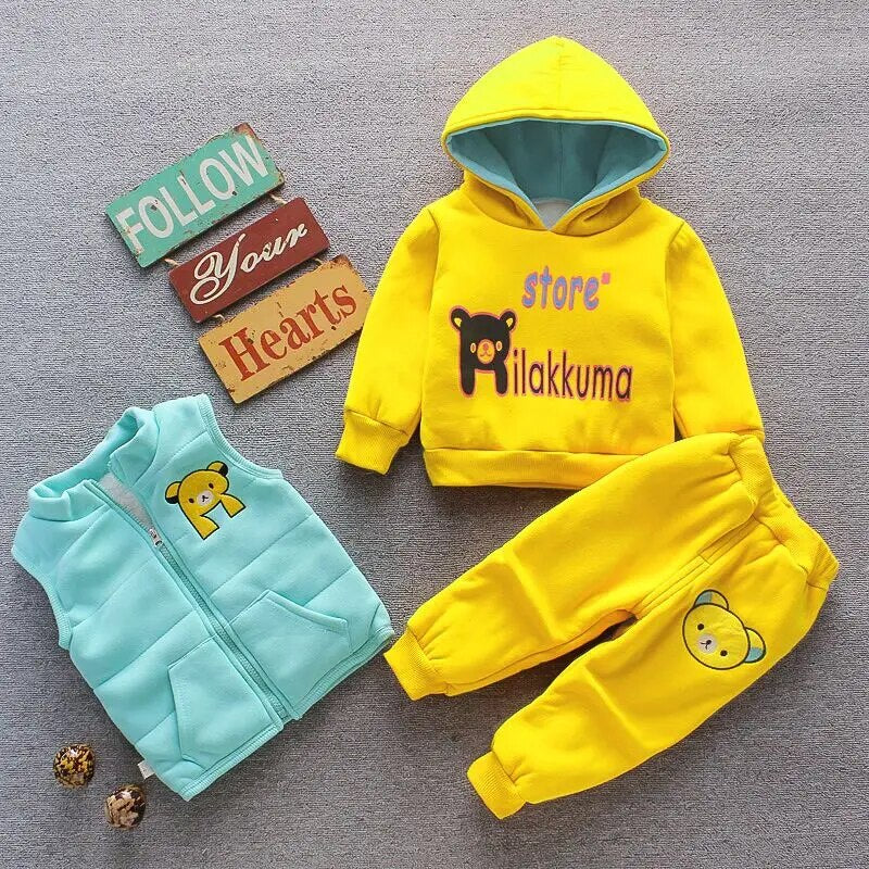 Children Christmas Clothing Set Autumn Cartoon Bear Jacket Vest Pants Thick Fleece 3Pcs Cotton Sport Suit For Girls Warm Outfits