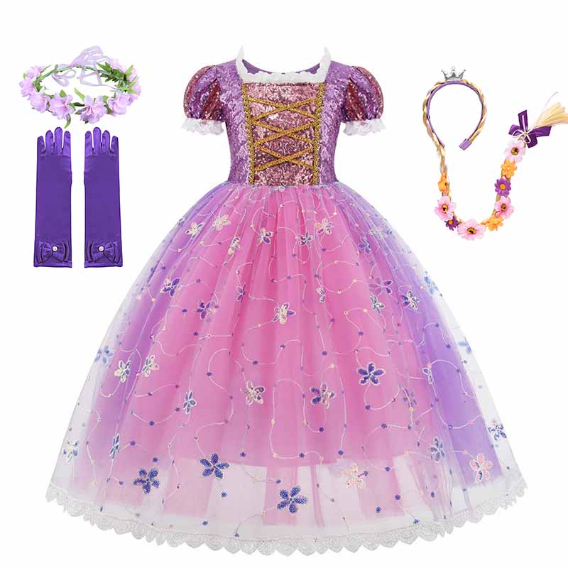 Disney Girls Cosplay Tangled Rapunzel Princess Dresses Kids Costume Fancy Purple Luxury Mesh Clothes Birthday Party Ball Gown