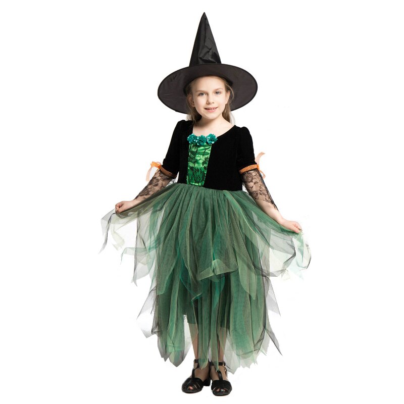 Halloween Masquerade Party Girls Purple Orange Green Witch Costume Hat Broom Props Child Carnival Stage Drama Performance Dress