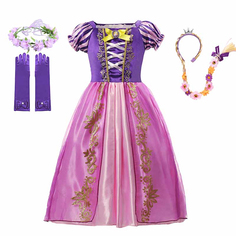 Disney Girls Cosplay Tangled Rapunzel Princess Dresses Kids Costume Fancy Purple Luxury Mesh Clothes Birthday Party Ball Gown