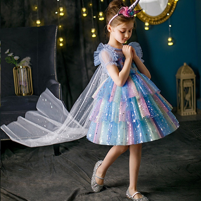 Halloween Fancy Girls Rainbow Shiny Tulle Unicorn Dress + Long Cloak