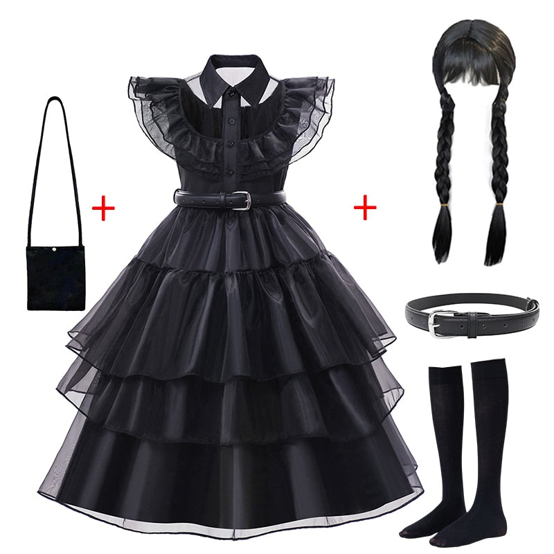 Character Wednesday Addams Girls Dresses Kids Cosplay Black Mesh Gothic Costumes Children Halloween Carnival Party Clothes 3-14T