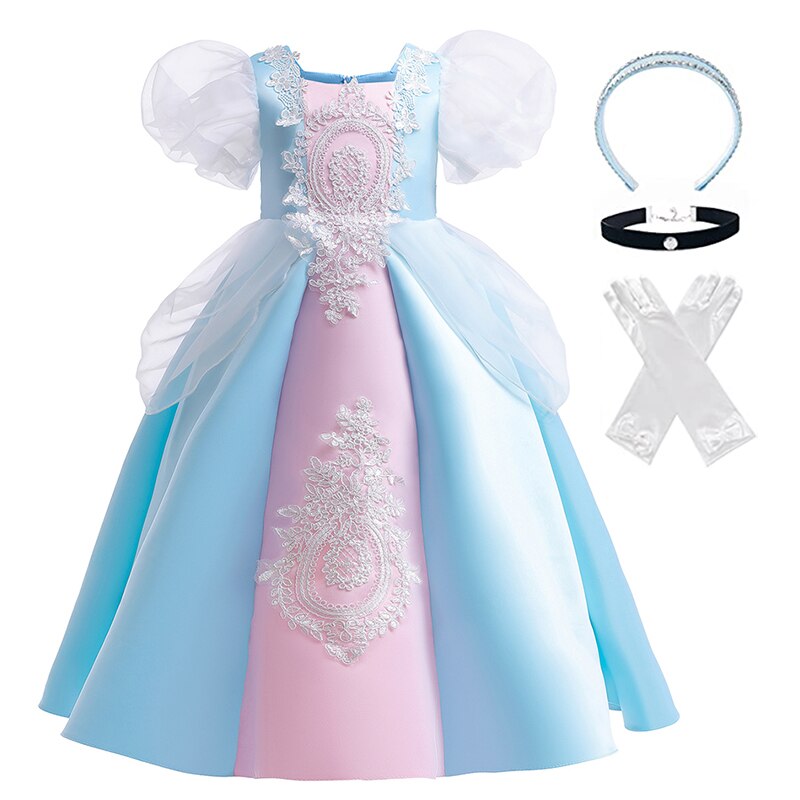 Disney New Fancy Cinderella Puff Sleeve Lace Ball Gown Princess Dress for Girls