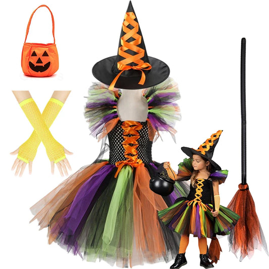 2-12Y Girls Witch Cosplay Costume Dress Girls Halloween Carnival Christmas Party Toddler Kids Princess Dress Cosplay Prom Gown