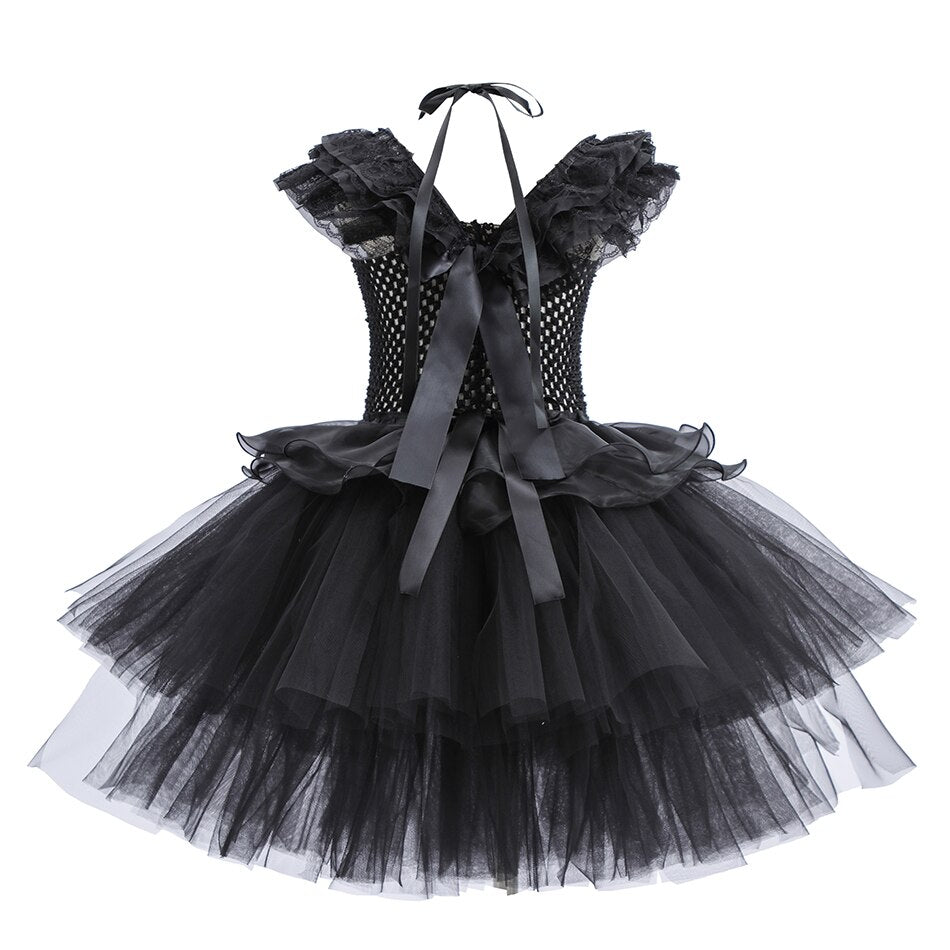 Wednesday Cosplay Princess Dress For Girls Costume 2023 Halloween Tie Tulle TuTu Dresses Black Gothic Kids Evening Party Clothes