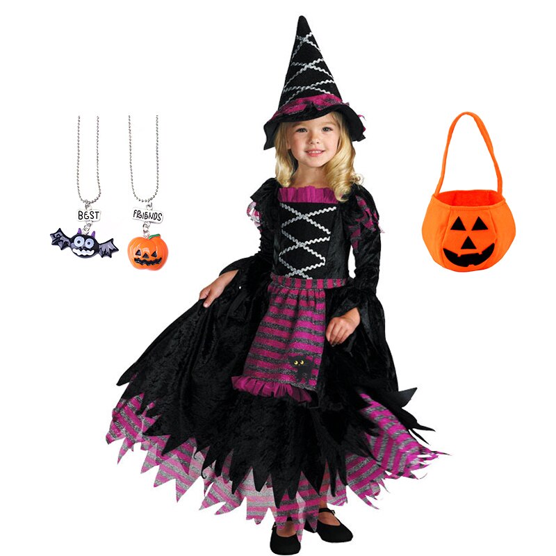 Halloween Masquerade Party Girls Purple Orange Green Witch Costume Hat Broom Props Child Carnival Stage Drama Performance Dress