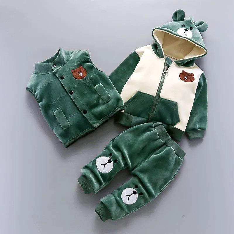 Children Christmas Clothing Set Autumn Cartoon Bear Jacket Vest Pants Thick Fleece 3Pcs Cotton Sport Suit For Girls Warm Outfits