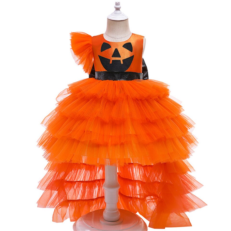 Halloween Disguised Baby Girl Pumpkin Print Witch Tiered Cocktail Dresses with Train Child Coplay Vampire Masquerade Tail Dress