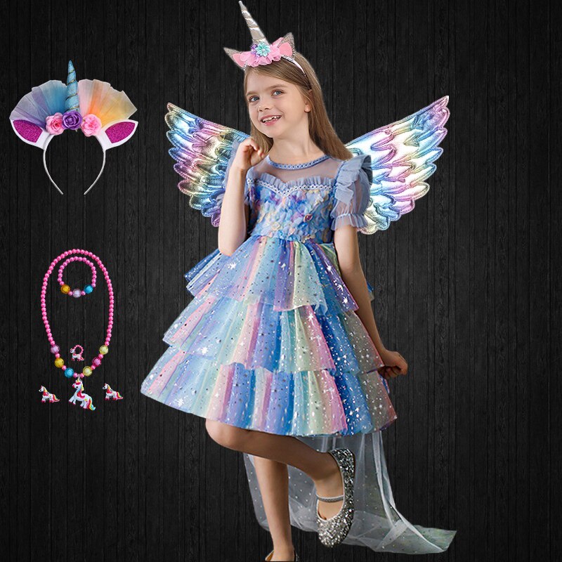 Halloween Fancy Girls Rainbow Shiny Tulle Unicorn Dress + Long Cloak