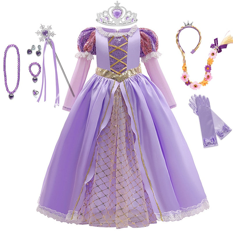 Disney Girls Cosplay Tangled Rapunzel Princess Dresses Kids Costume Fancy Purple Luxury Mesh Clothes Birthday Party Ball Gown