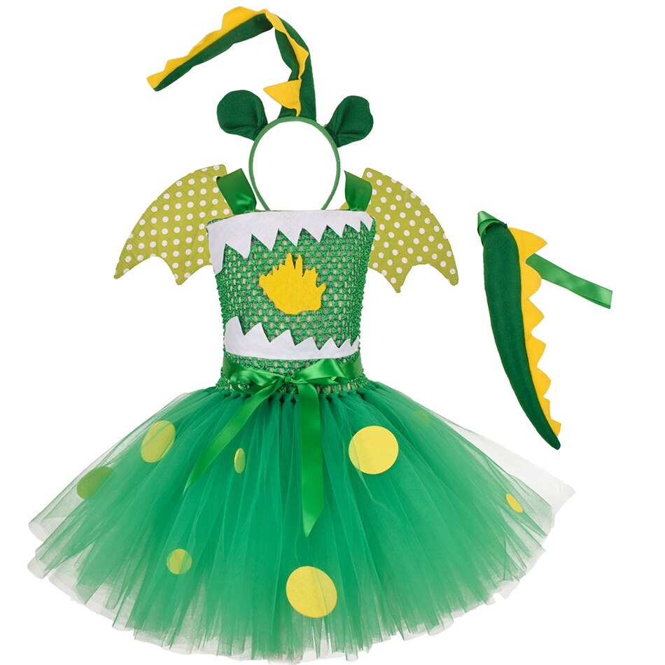 New Kids Halloween Mesh Tutu Dress Girl Dinosaur Cosplay Costume with Headband Wings Tail