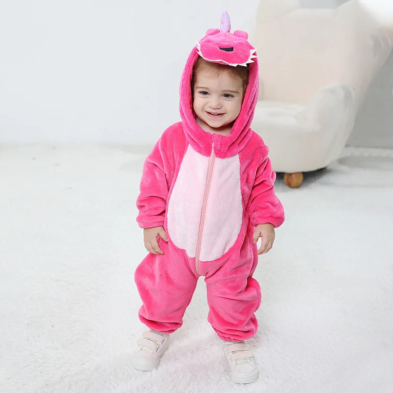 Kigurumis Lovely Dinosaur Baby Girls Clothes Romper Soft Warm Winter Infant Onesie Bodysuit Cosplay Costume Hooded Zipper