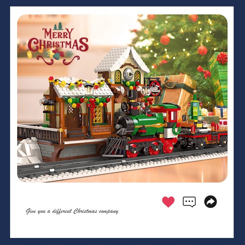 2023 Creative Christmas Train Station Architectural Scenery Building Blocks Bricks Model Assembly DIY Toys for Kids Holiday Gift