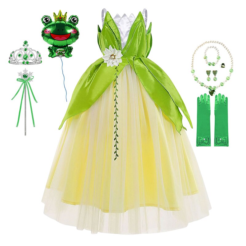 Disney Tiana Princess Dresses Girl Cosplay The Princess And The Frog Flower Off Shoulder Clothes for Kids Birthday Party Costume