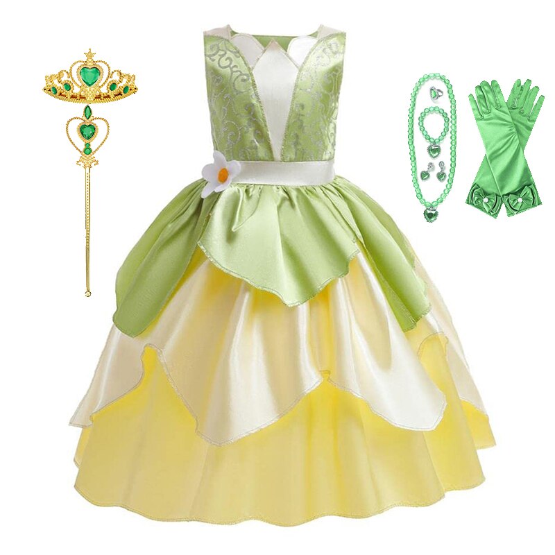 Disney Tiana Princess Dresses Girl Cosplay The Princess And The Frog Flower Off Shoulder Clothes for Kids Birthday Party Costume