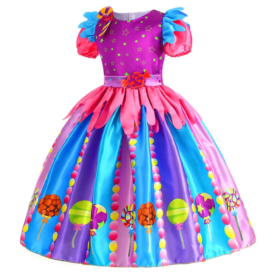 2024 Purim Girls Puff Sleeve Candy Costume Kids Sweet Lollipop Print Princess Dresses Lollipop Wand Birthday Fancy Party Clothes