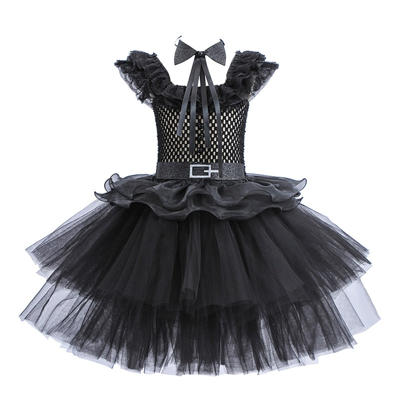 Wednesday Cosplay Princess Dress For Girls Costume 2023 Halloween Tie Tulle TuTu Dresses Black Gothic Kids Evening Party Clothes