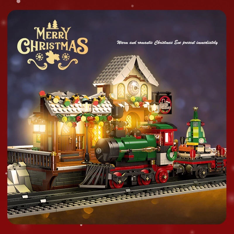 2023 Creative Christmas Train Station Architectural Scenery Building Blocks Bricks Model Assembly DIY Toys for Kids Holiday Gift