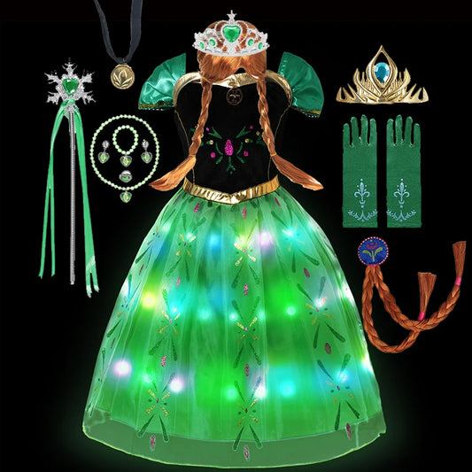 Led Light Disney Frozen Anna Dresses Children Summer Clothes Princess Dress Girl Fancy Birthday Carnival Party Children Clothing