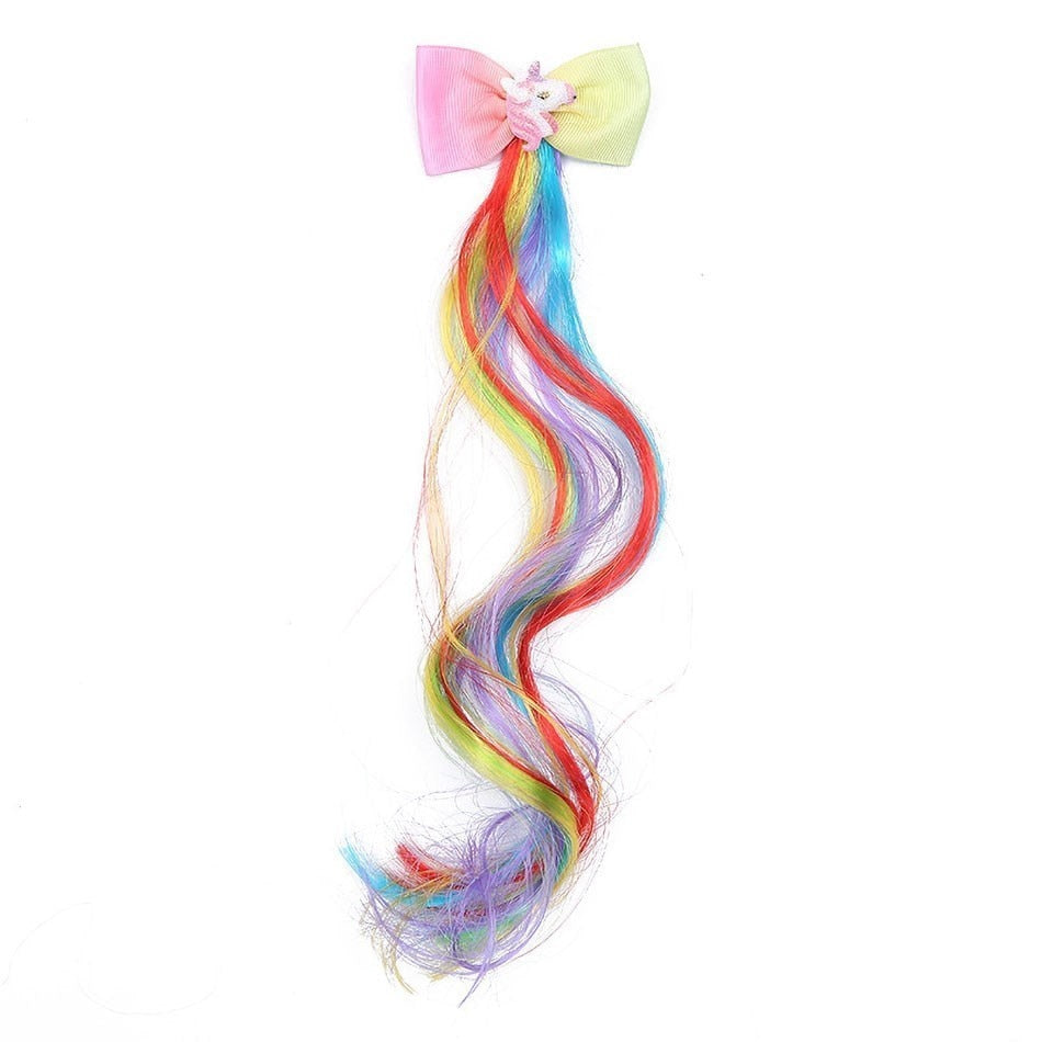 Kids Rainbow Hair Clips Unicorn Hair Extensions for Girls Children Ponytail Holder Baby Princess Barrettes Hair Bow Accessories 