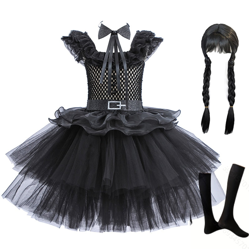 Wednesday Cosplay Princess Dress For Girls Costume 2023 Halloween Tie Tulle TuTu Dresses Black Gothic Kids Evening Party Clothes