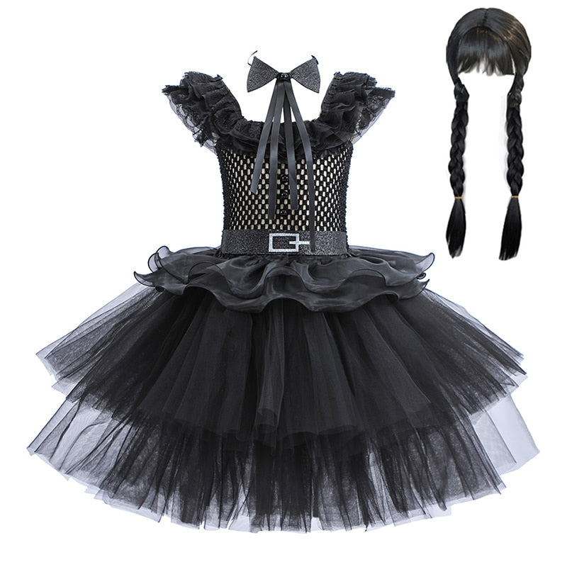 Wednesday Cosplay Princess Dress For Girls Costume 2023 Halloween Tie Tulle TuTu Dresses Black Gothic Kids Evening Party Clothes