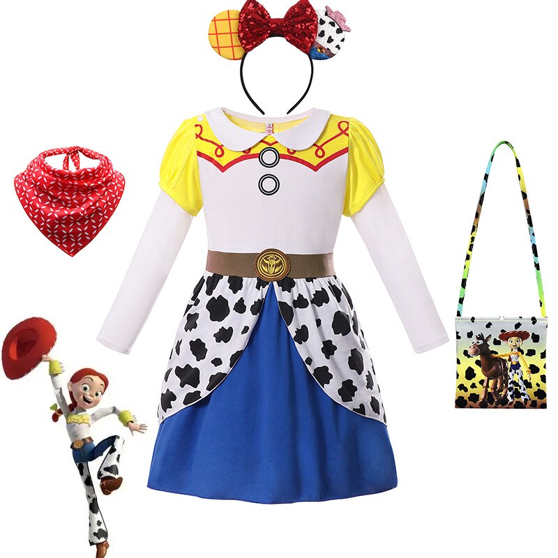 Disney Toy Story 4 Jessie Cosplay Carnival Princess Dress Long  Sleeves Girls Costume With Headband For Halloween Birthday Party