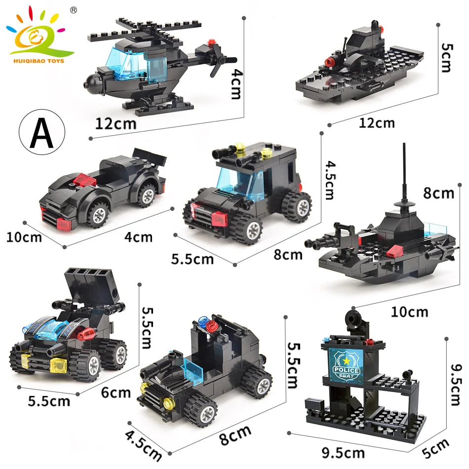 HUIQIBAO SWAT Police Station Truck Model Building Blocks City Machine Helicopter Car Figures Bricks Educational Toy For Children