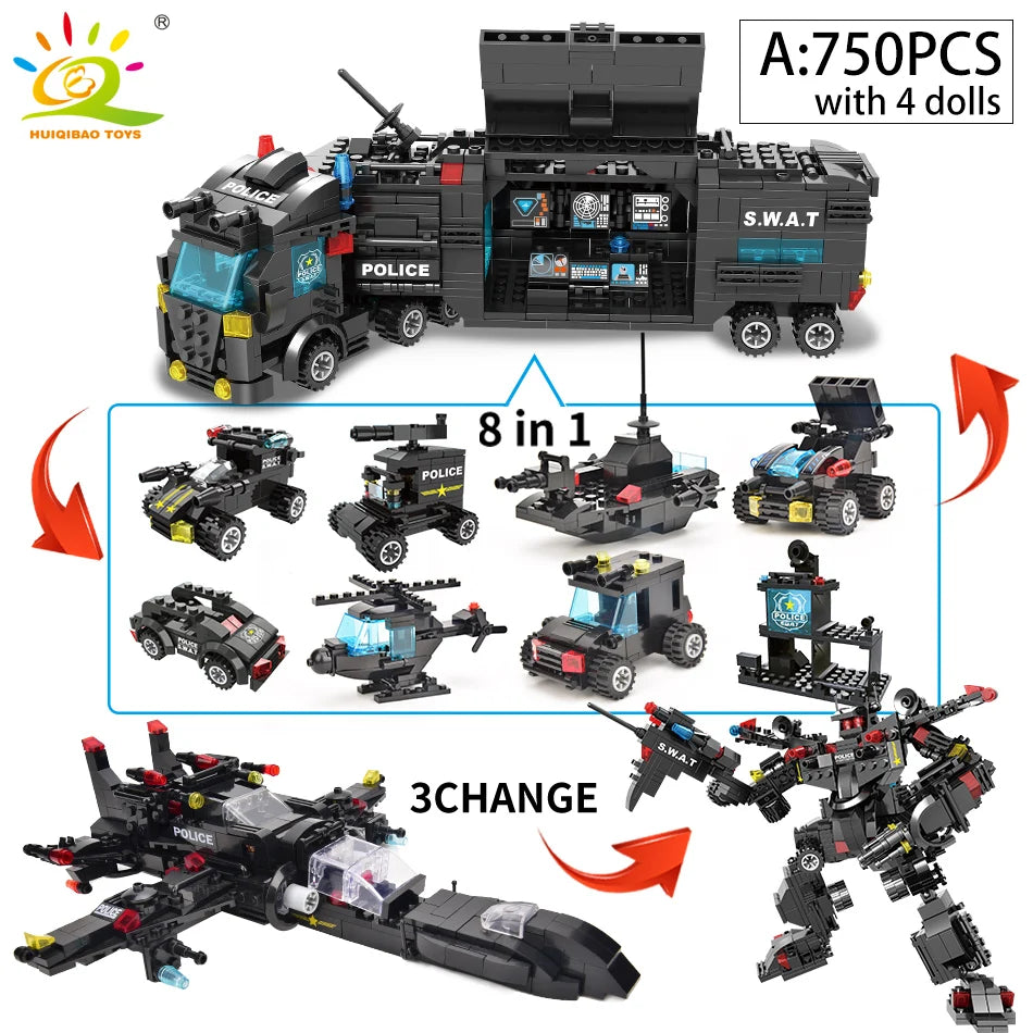 HUIQIBAO SWAT Police Station Truck Model Building Blocks City Machine Helicopter Car Figures Bricks Educational Toy For Children