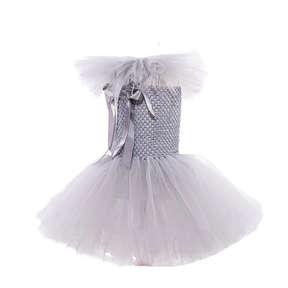 Halloween Gray Joker Cosplay Dress Girls Costume Tutu Dress Creepy Clown Children Tulle Fancy Dress Kids Carnival Party Clothing