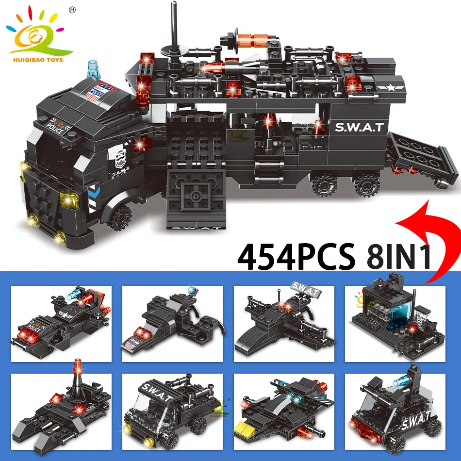 HUIQIBAO 454-585PCS 8in1 SWAT Police Command Truck Building Blocks City Helicopter Bricks Kit Educational Toys for Children