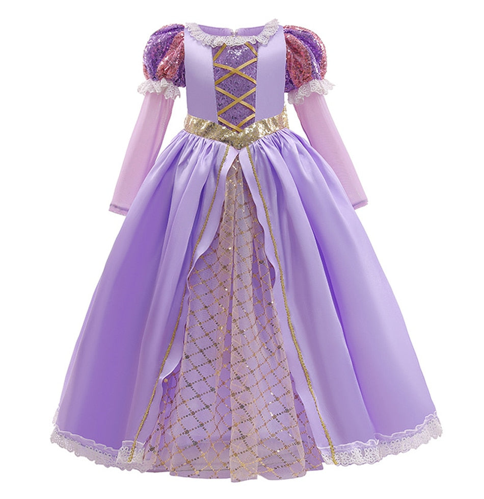 Disney Girls Cosplay Tangled Rapunzel Princess Dresses Kids Costume Fancy Purple Luxury Mesh Clothes Birthday Party Ball Gown