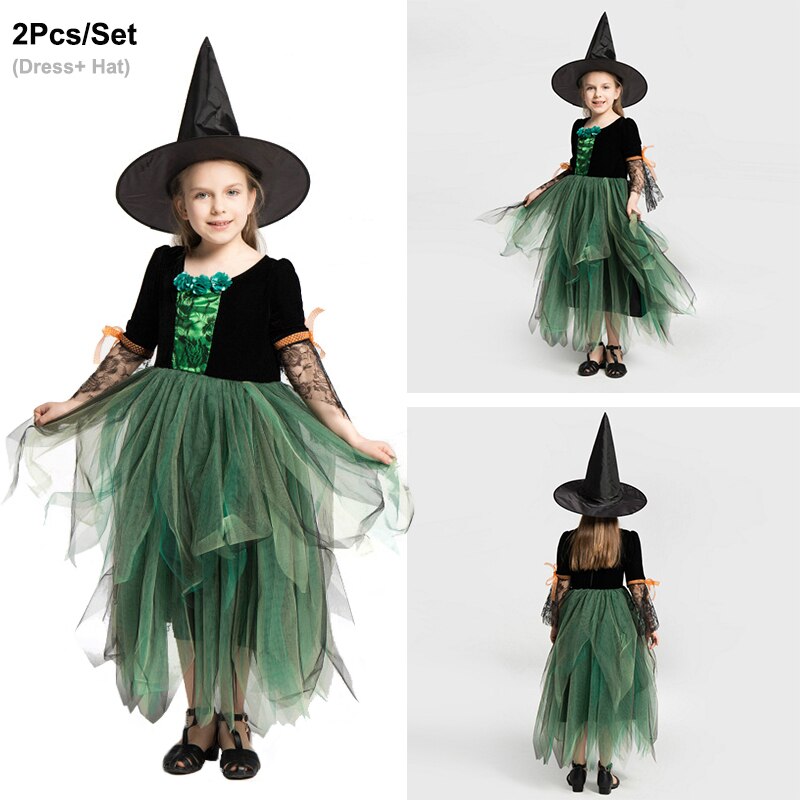 Halloween Masquerade Party Girls Purple Orange Green Witch Costume Hat Broom Props Child Carnival Stage Drama Performance Dress