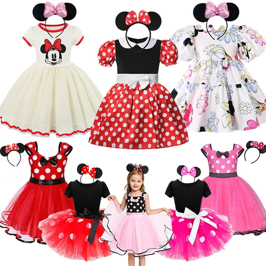 Korean Girls Mickey Minnie Mouse Daisy Cartoon Puff Sleeve Dress Cute Baby Polka Dot Dress Children Summer Casual Dress 2024