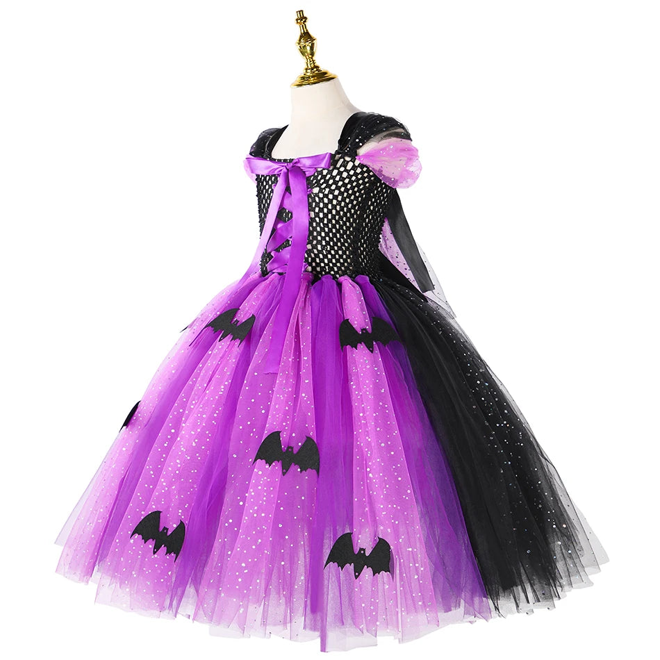 2024 Girl Evil Queen Cosplay Costume Kids Halloween Witch Dress Handmade Knitted Tulle Tutu Ruffles Floor Length Princess Outfit