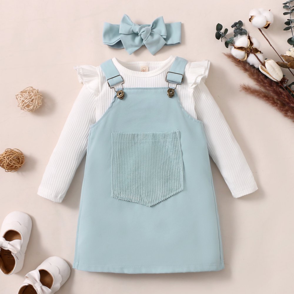 Newborn Baby Girl Pocket Suspender Skirts with  Long Sleeve Bodysuit & Headband